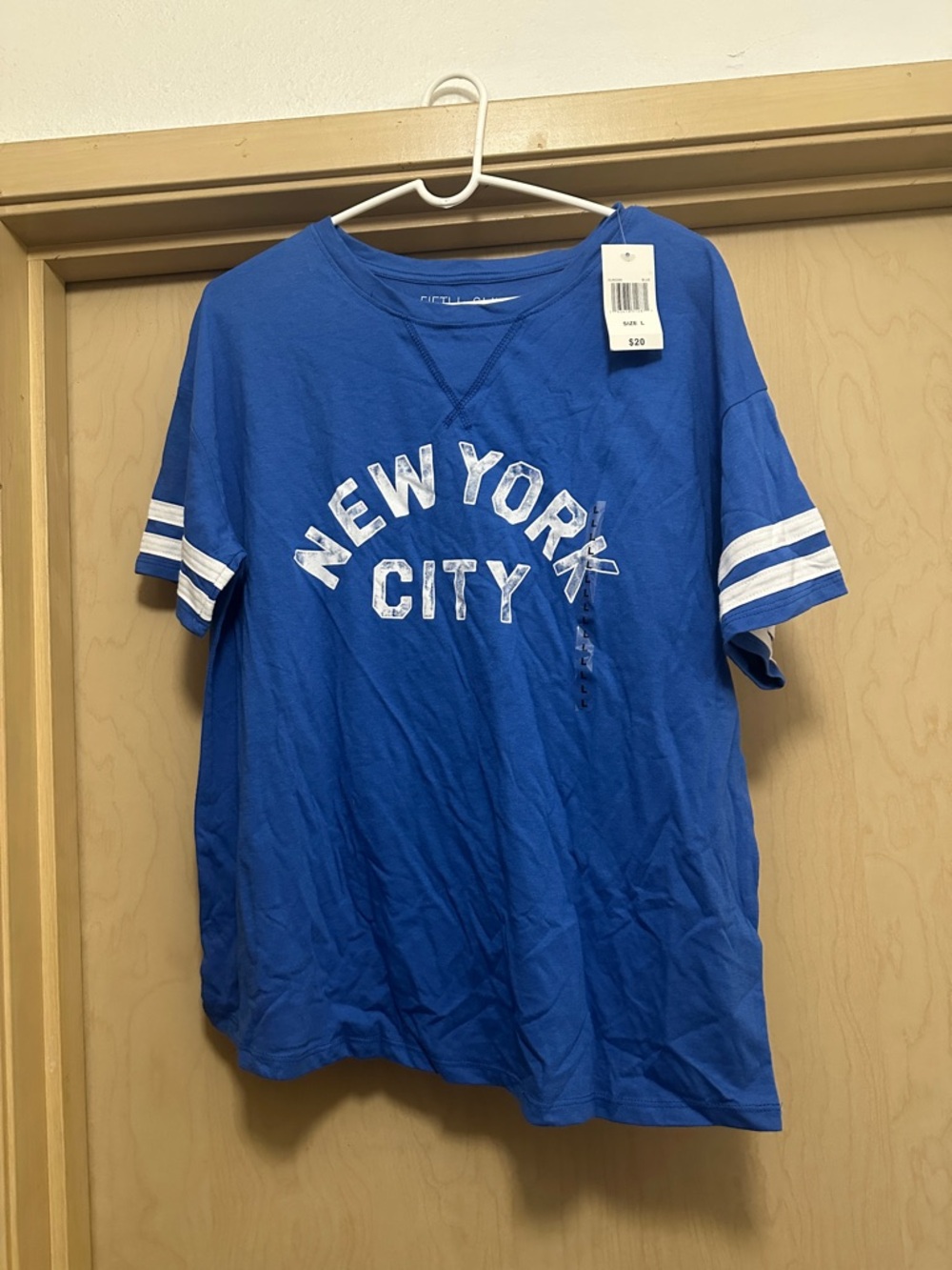 Blue "New York City" Graphic Tee with White Stripe Sleeves